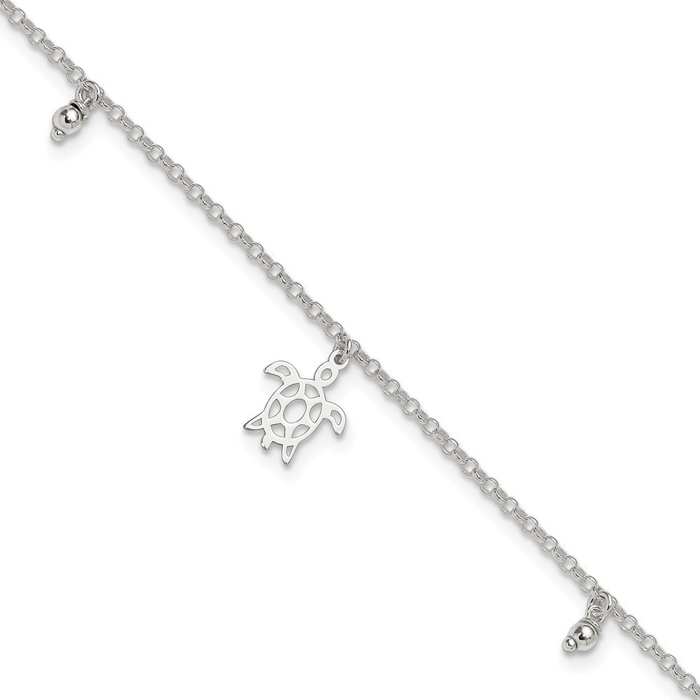 925 Sterling Silver Turtle Dangle Beads 9in Plus 1in Ext. Anklet